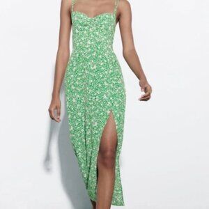ZARA Green Floral Multicolor Midi Dress with Slit